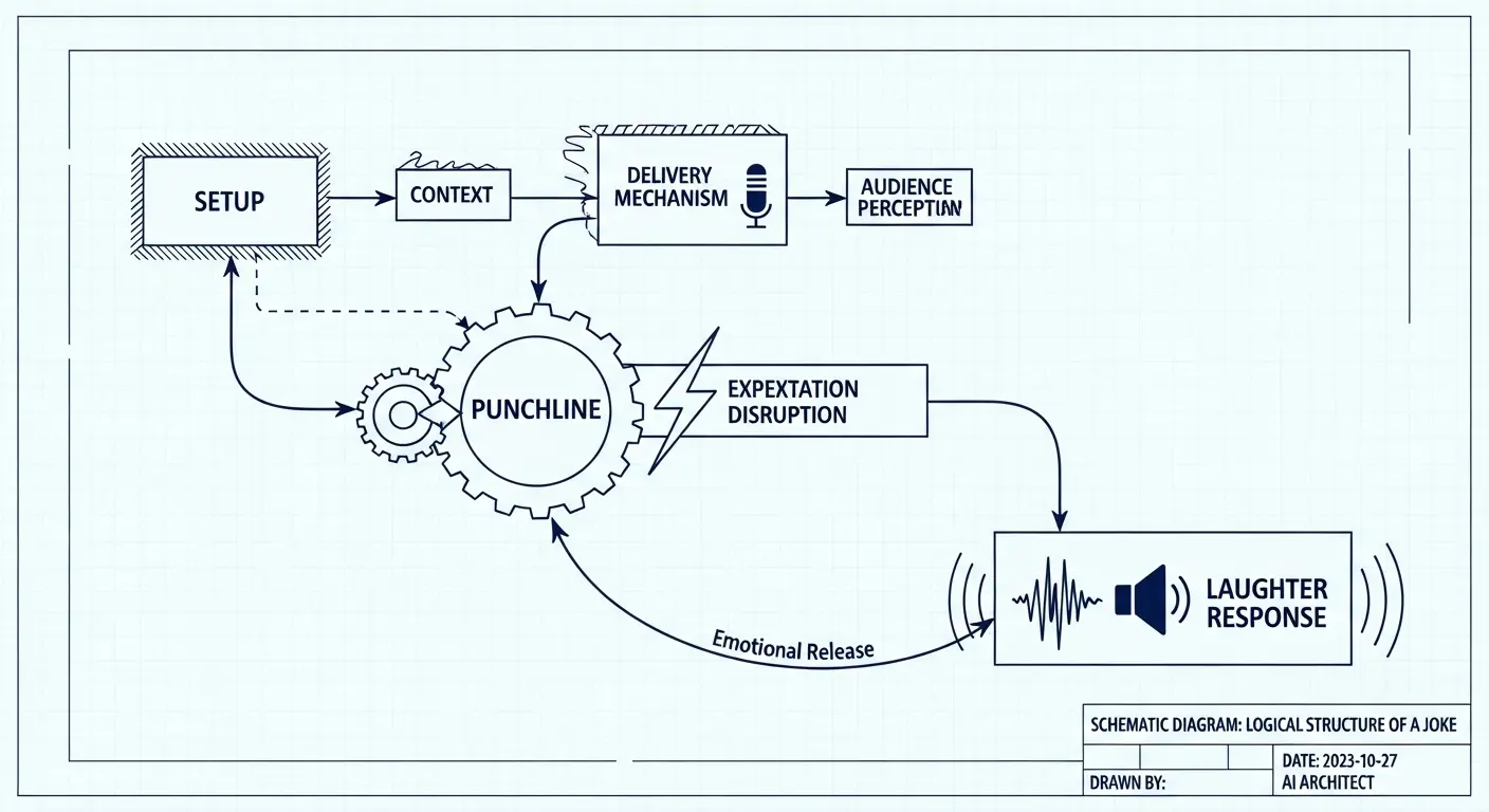 A technical schematic diagram illustrating the logical structure of a joke, with nodes for setup, punchline, and the resulting laughter response.
