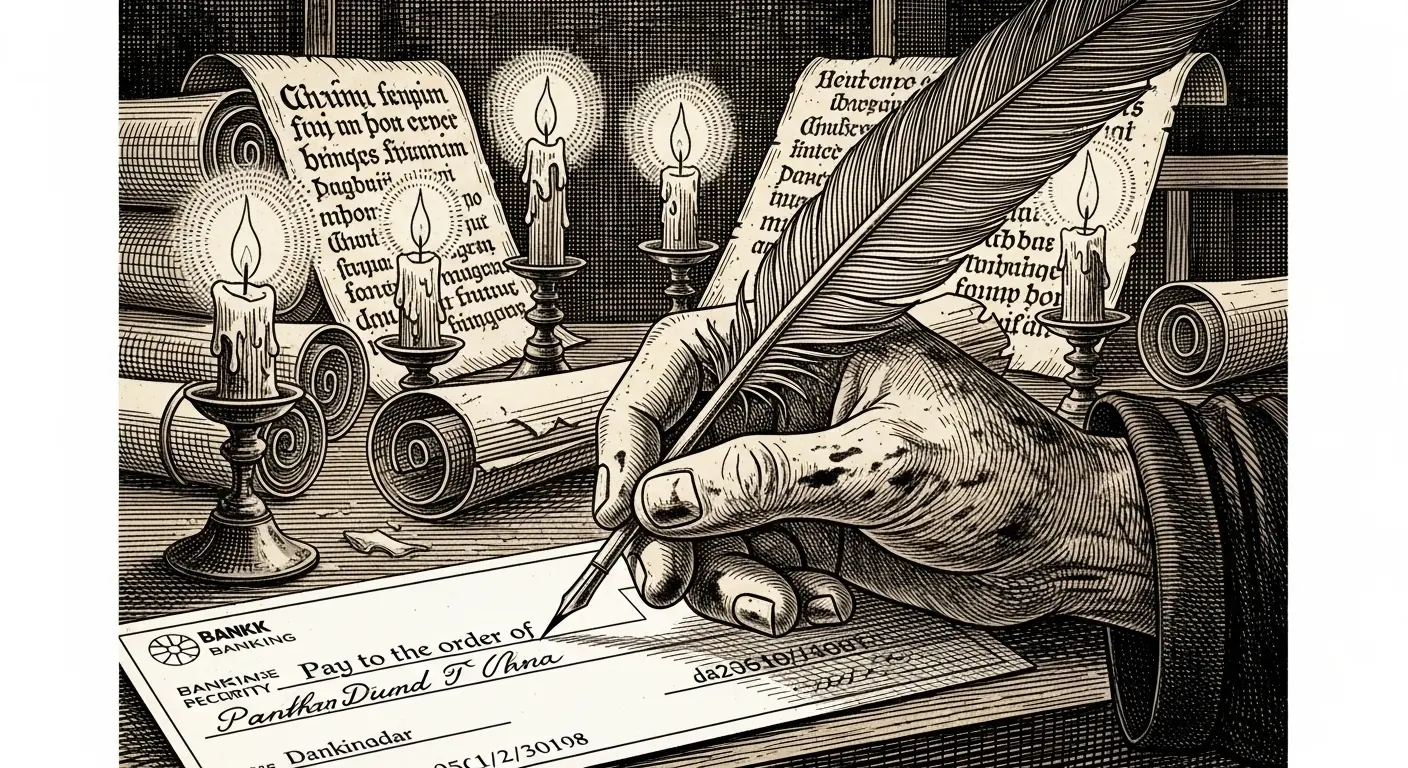 A photorealistic image of a medieval scribe's ink-stained hand using a feather quill to write on a modern bank check in a dimly lit scriptorium.