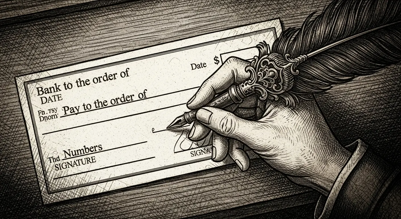 A close-up of a hand, reminiscent of a medieval scribe, carefully filling out a modern bank check with an ornate quill pen.