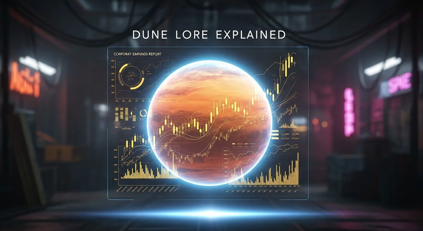 A holographic projection of the planet Arrakis with financial graphs overlayed, representing a corporate earnings report for the Spice monopoly, with text 'Dune lore explained'.