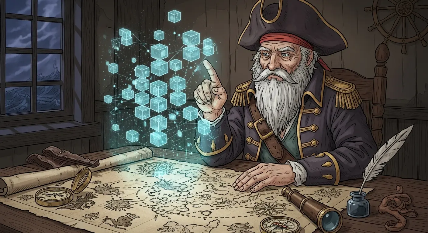 An old pirate captain with a long white beard and a tricorn hat, pointing at a glowing, holographic blockchain floating above a wooden ship's table.