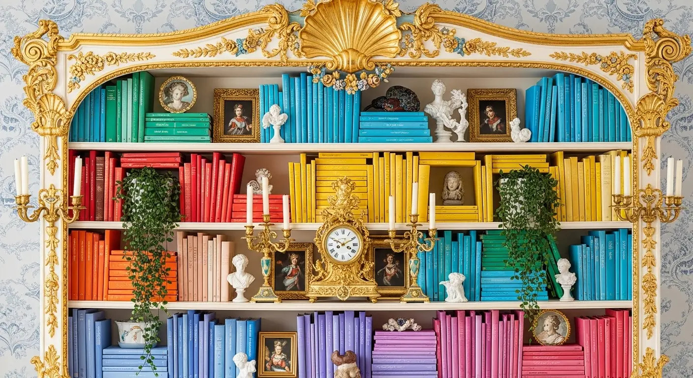 A beautifully styled, colorful bookshelf displaying the 'bookshelf wealth' trend, with books arranged by color and decorated with plants and art objects.