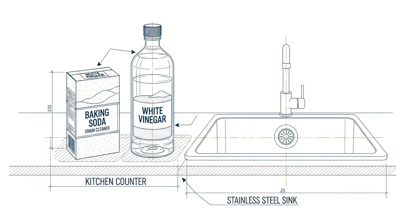 A bottle of white vinegar and a box of baking soda sitting on a kitchen counter next to a stainless steel sink, ready to be used to unclog a drain.