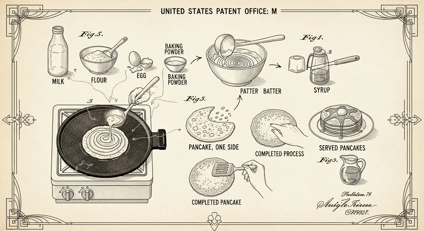 A patent blueprint diagram illustrating the process of making pancakes, with legalistic labels pointing to the ingredients and cooking surface.