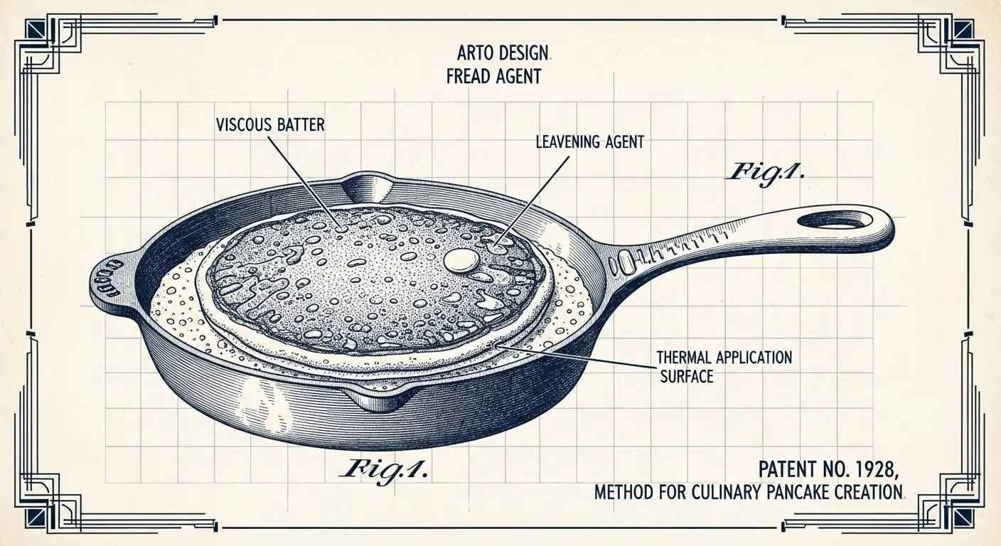 A vintage patent blueprint diagram of a pancake on a pan, featuring technical callouts for 'leavening agent,' 'viscous batter,' and 'thermal application surface.'