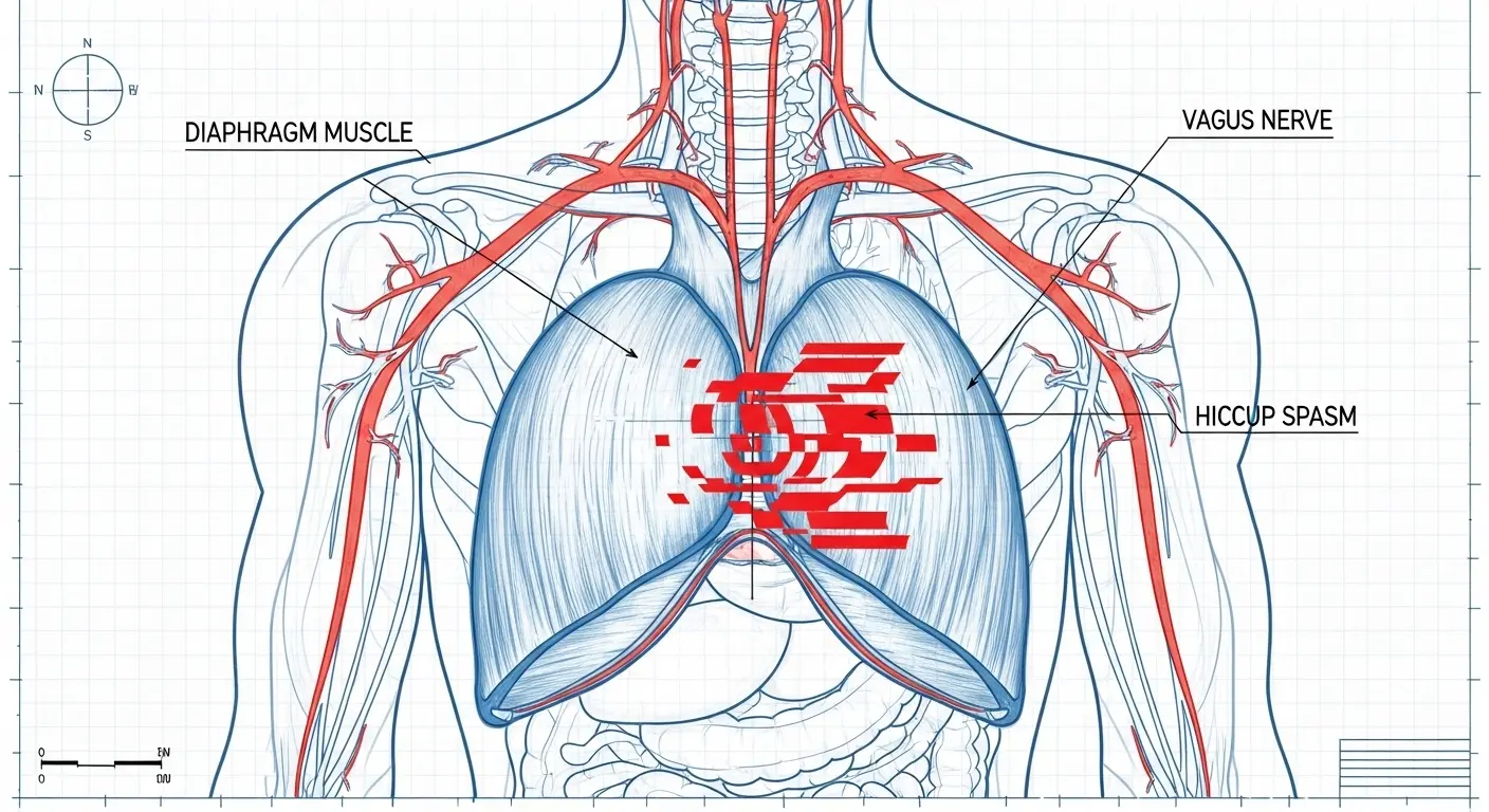 A stylized illustration of the human torso showing the diaphragm muscle and the path of the vagus nerve, with a red glitch symbol indicating a hiccup spasm.