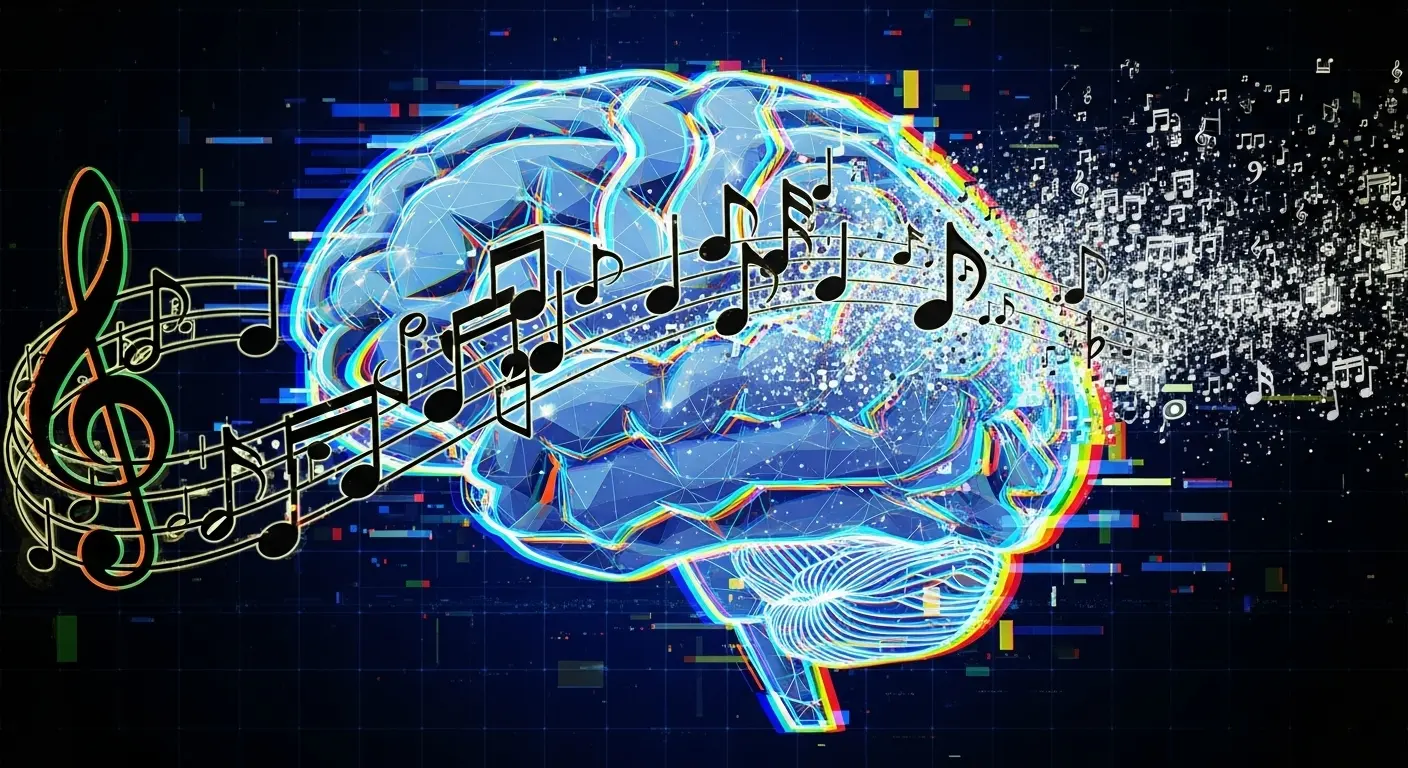 A stylized human brain with musical notes swirling around it, some notes appearing to 'debug' or dissipate, illustrating the concept of how to get a song out of your head.