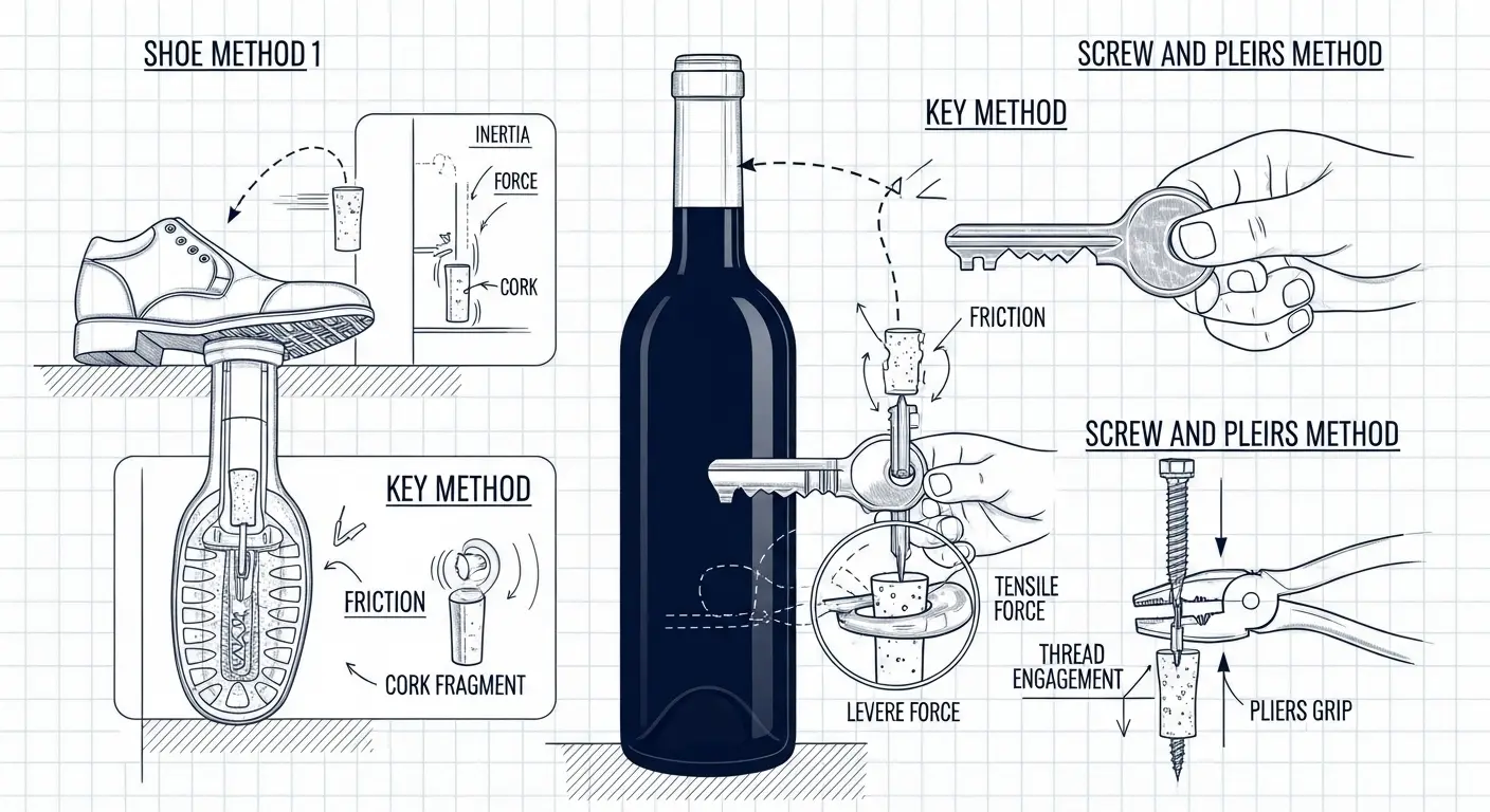 Illustration of a wine bottle being opened using various improvised tools like a shoe, a key, and a screw with pliers, demonstrating the physics principles behind each method.