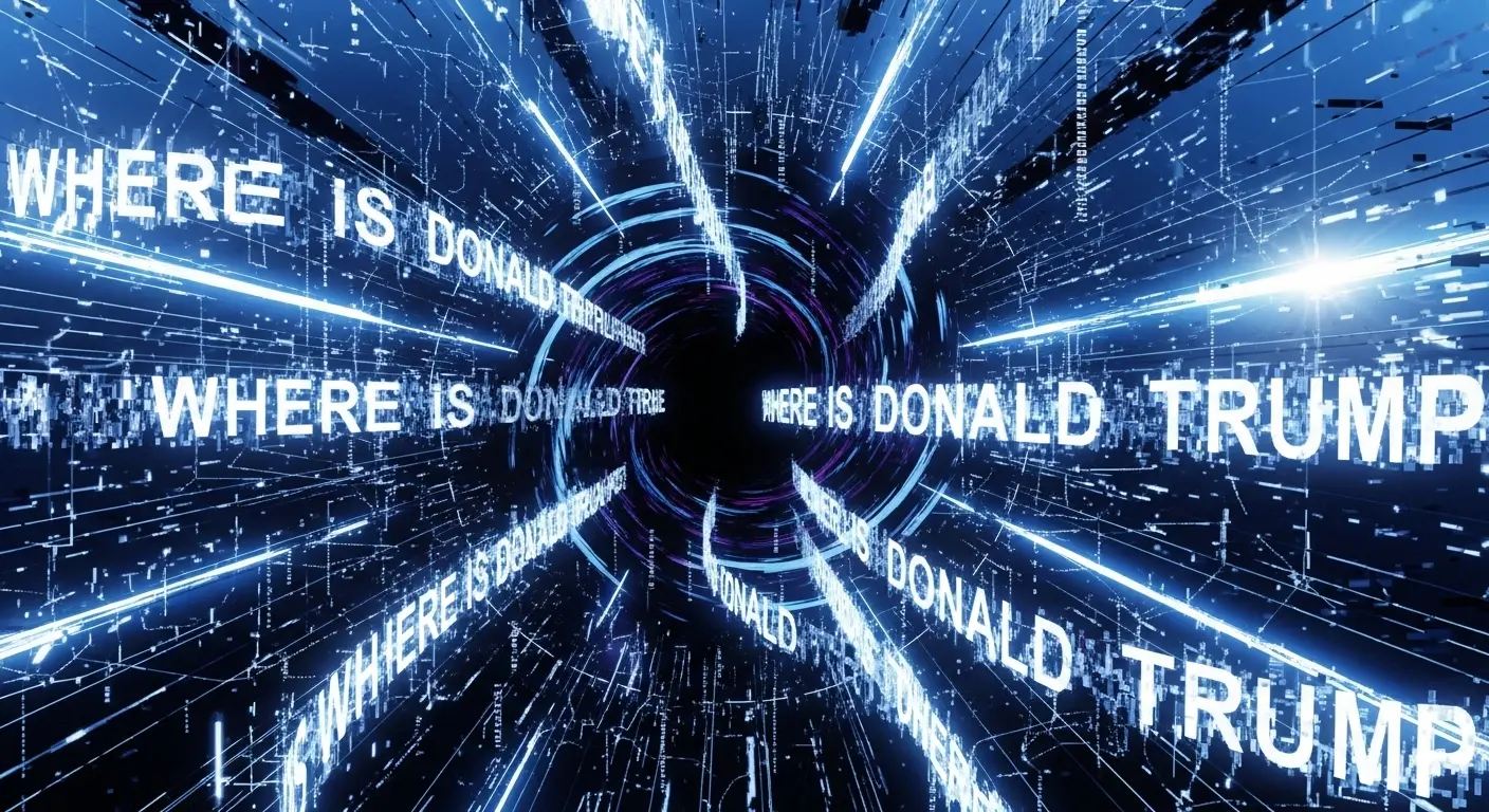An abstract digital visualization of a data void, showing a black hole in a network of glowing blue and white data streams, representing the query 'where is Donald Trump'.
