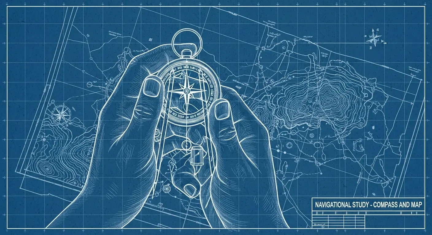 Person holding a compass and map, pointing the compass forward for navigation.