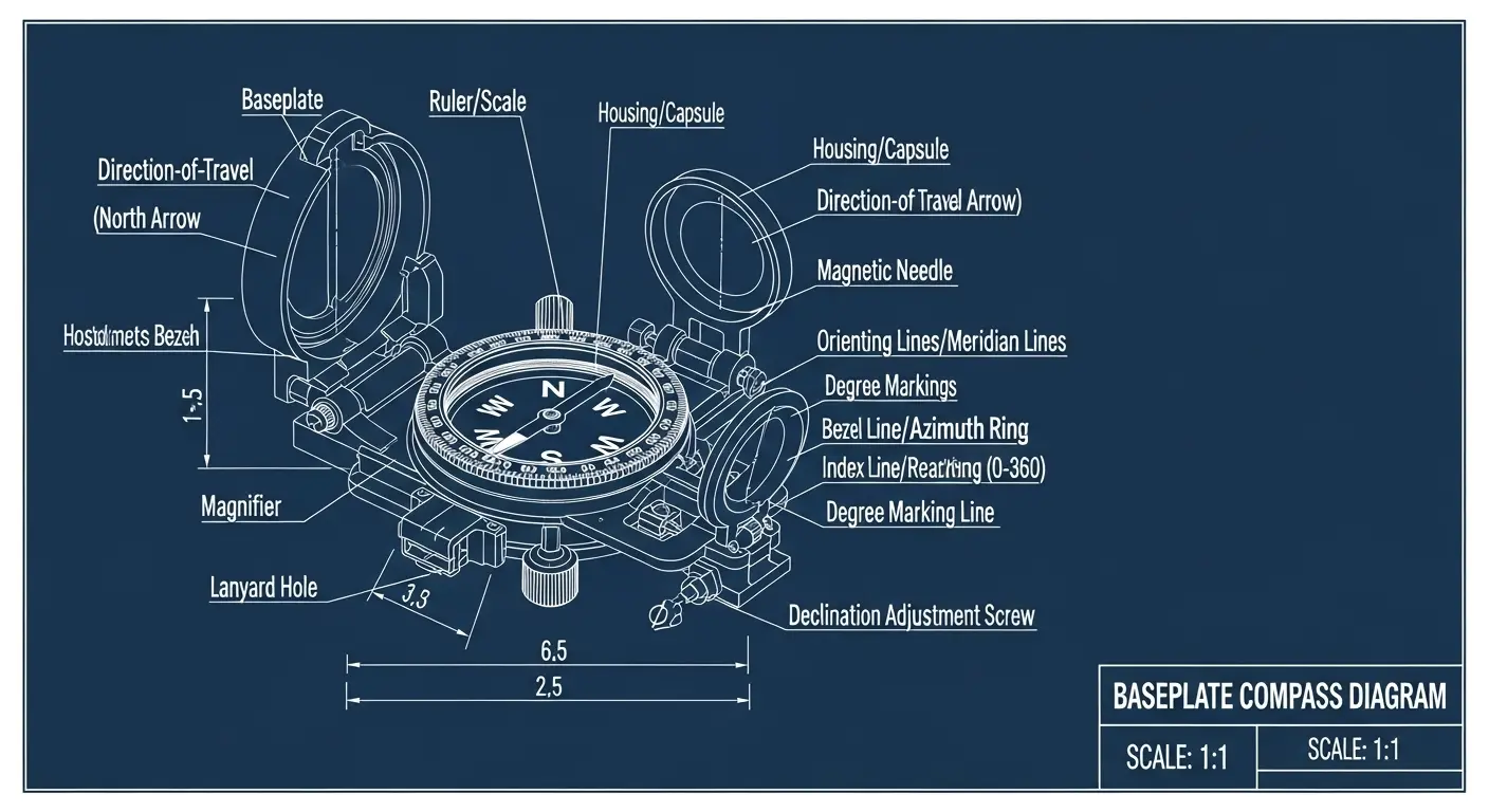 Detailed, labeled diagram of a baseplate compass, highlighting all parts and components for navigation or orienteering.