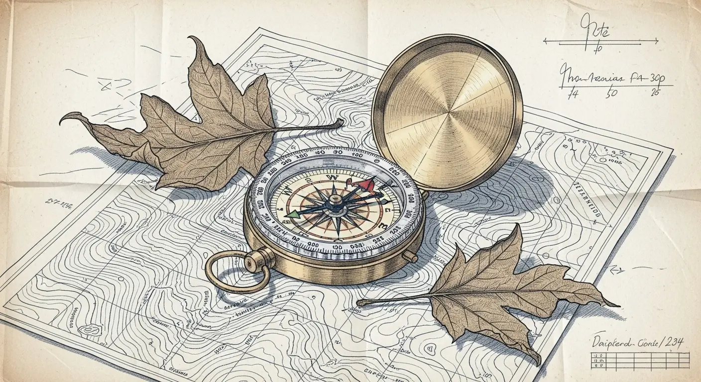 A vintage brass compass rests on a topographic map, surrounded by dried leaves, symbolizing analog navigation and outdoor adventure.