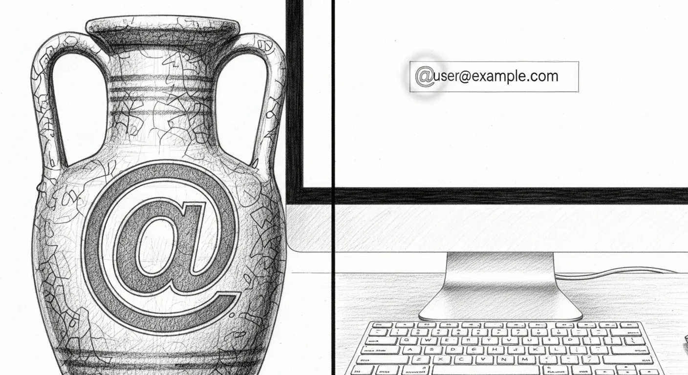 A split-screen image contrasting the ancient origin of the '@' symbol on an amphora with its modern use in an email address on a computer screen.