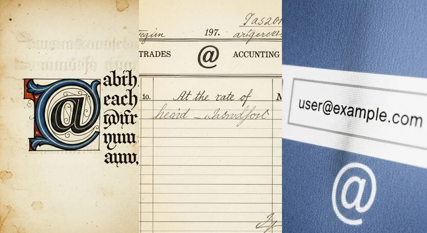 A collage showing the evolution of the @ symbol, from a historical manuscript to a modern email address on a screen.