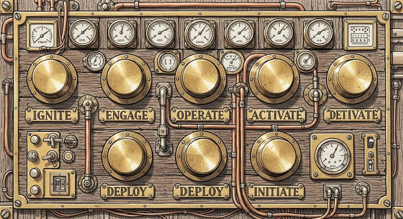 A vintage steampunk-style control panel featuring large, tactile brass push-buttons with engraved labels reading 'IGNITE', 'ENGAGE', and 'OPERATE'.