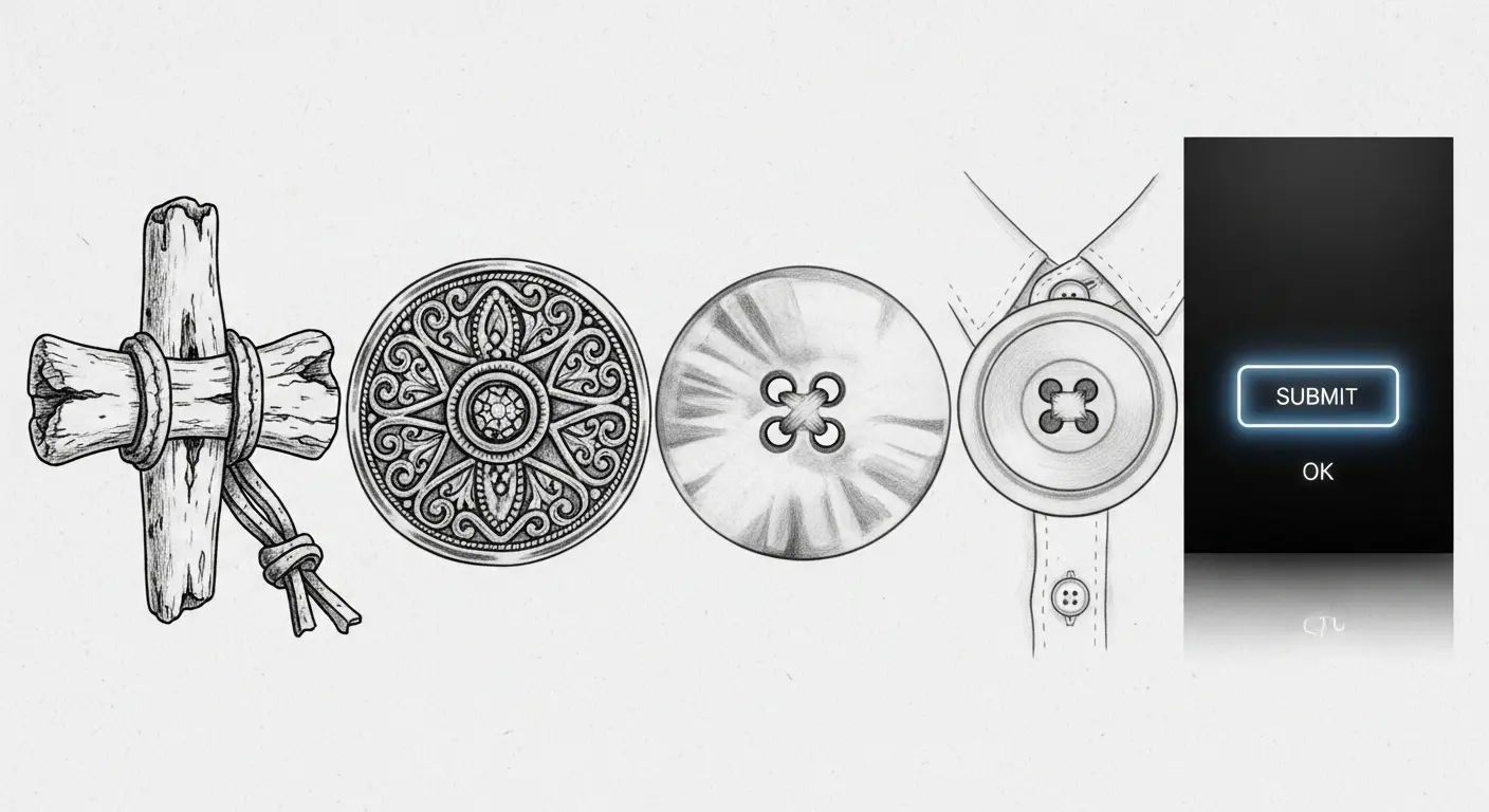 A collage showing the evolution of the button, from an ancient bone toggle and an ornate medieval button to a modern digital UI button on a screen.