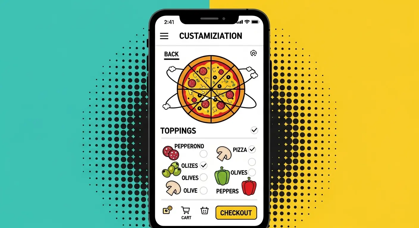 Modern delivery app interface on a smartphone screen, showing pizza customization with topping options.