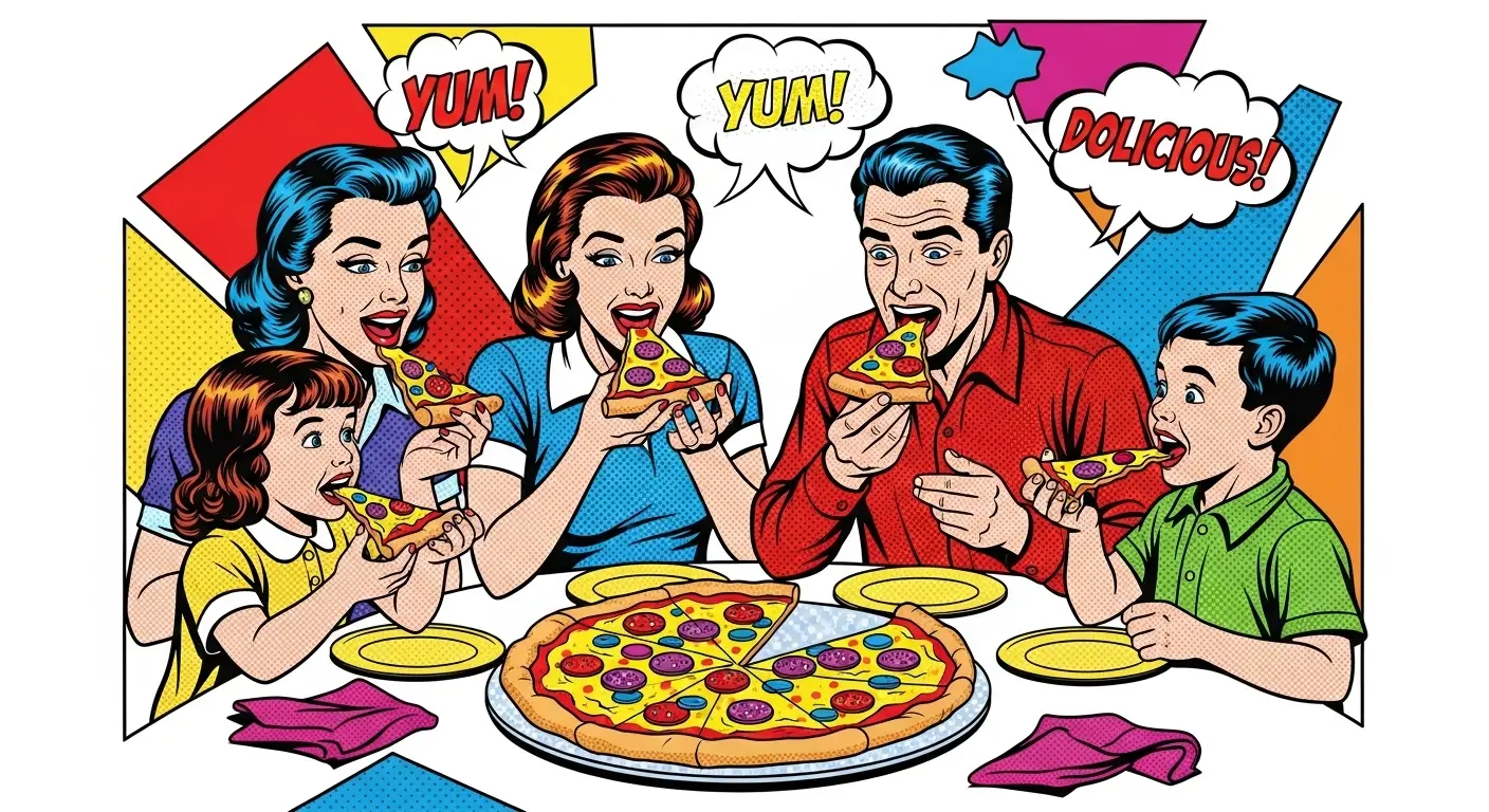 Vintage black and white photo: American family, 1950s, excitedly eating pizza slices around a table.