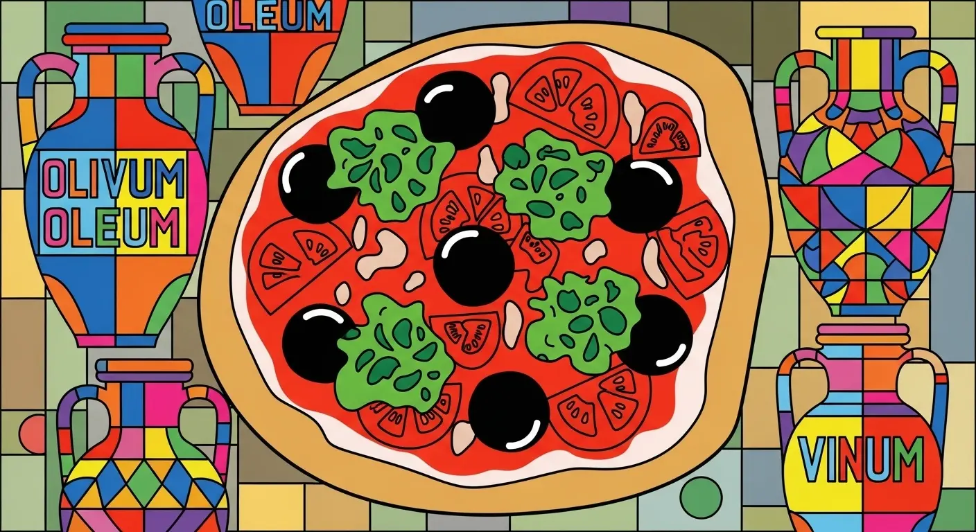 Ancient Roman mosaic depicting a flatbread pizza with simple toppings, surrounded by amphorae of olive oil and wine.