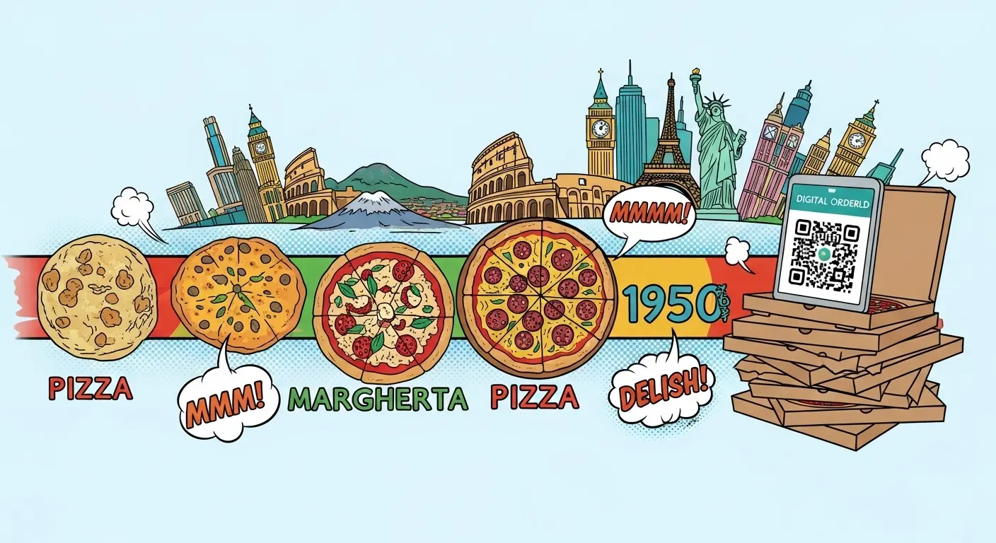 An artistic representation of a timeline showing the evolution of pizza from ancient flatbreads to a modern, digitally ordered pizza box, with iconic landmarks from Naples and global cities in the background.