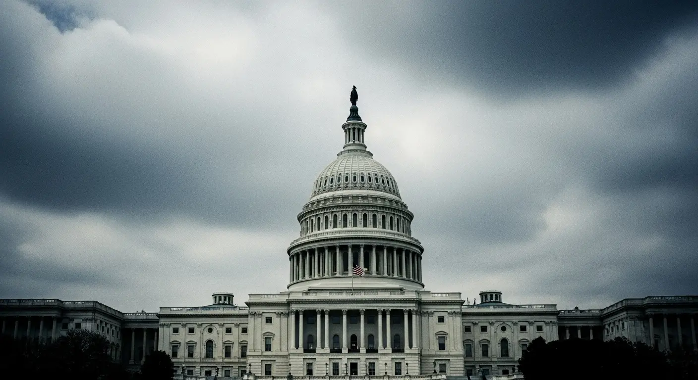 A stark, official-looking photograph of the United States Capitol building, symbolizing the recent UAP congressional hearing on government UFO investigations.