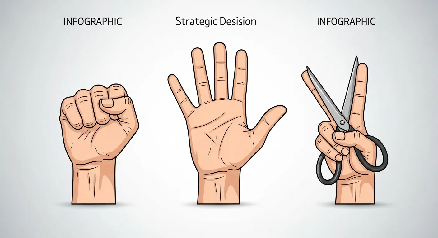 Close-up of three hands performing rock, paper, and scissors gestures against a minimalist background, representing strategic thinking in a game.