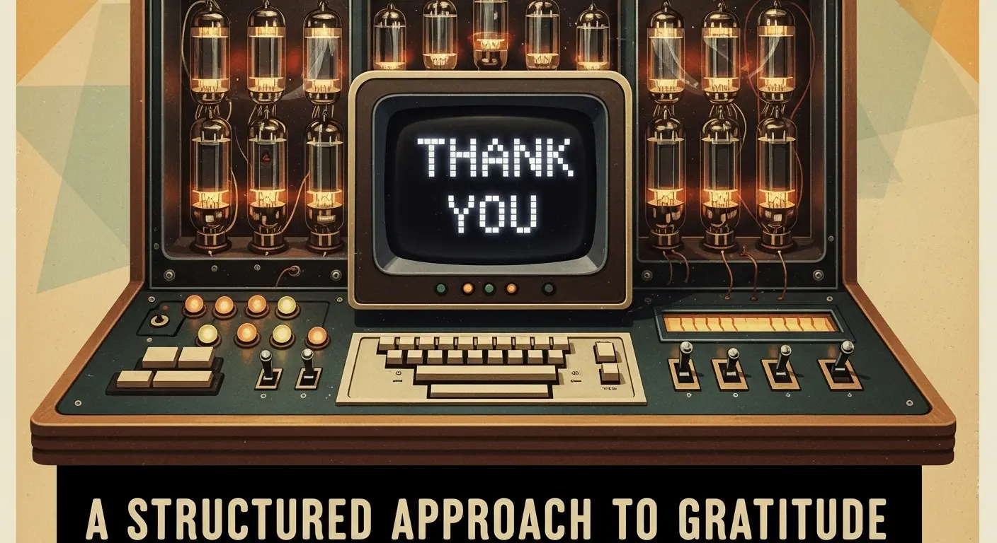 A vintage 1950s computer with vacuum tubes and blinking lights displaying a thank you note on its screen, symbolizing a structured approach to gratitude.