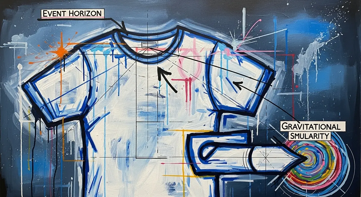 A humorous, blueprint-style diagram illustrating t-shirt folding as a spacetime manifold, with the collar labeled 'Event Horizon' and the final folded point as a 'Gravitational Singularity'.