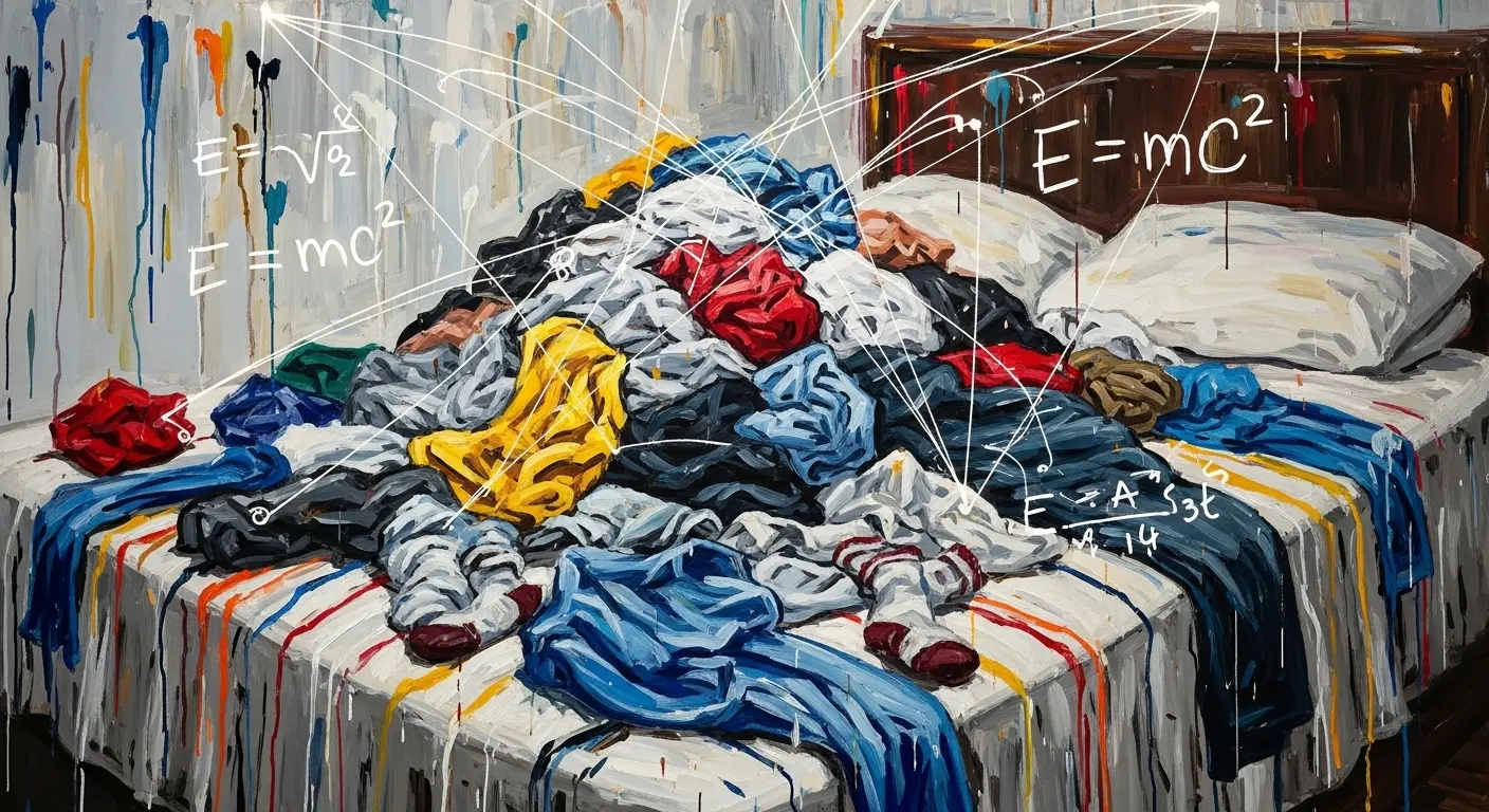 A pile of unfolded laundry on a bed, with glowing lines and mathematical equations from string theory superimposed on top, representing the complexity of folding.