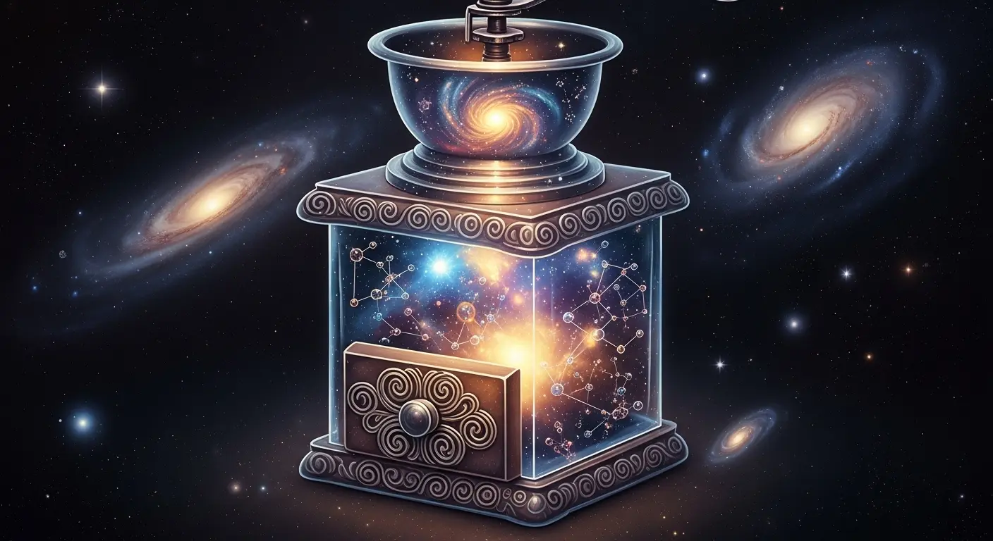 A glowing, ethereal coffee grinder containing swirling nebulae and particle diagrams, set against a dark, cosmic background.