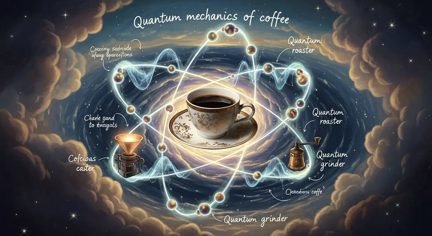 A diagram showing a coffee cup at the center of an atom, with electrons and quantum waves orbiting it, illustrating how to make coffee with quantum mechanics.