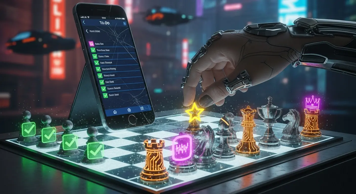 A conceptual image of a human hand playing chess against a smartphone, where the pieces are productivity icons like checkmarks and trophies, and the phone screen shows a to-do list app, symbolizing the gamification of tasks.