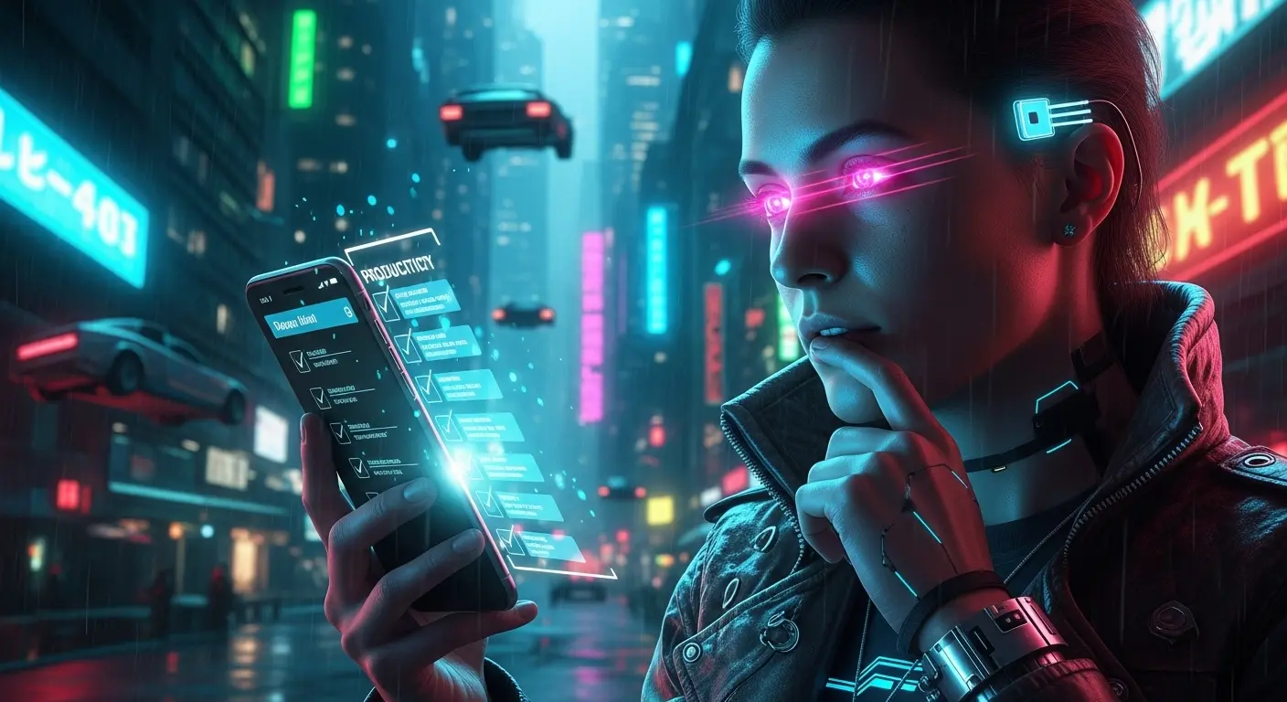 A person looking thoughtfully at a smartphone displaying a checklist from a productivity app, contemplating how to outsmart it.