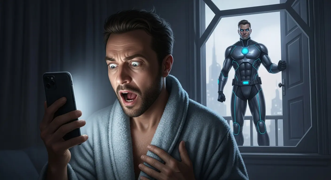 A man in a bathrobe stares at his smartphone in shock as a futuristic recruitment officer in a silver uniform knocks on his front door.