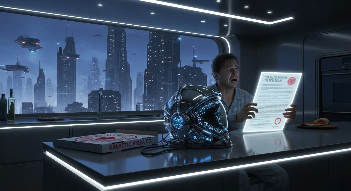 A man in pajamas looking horrified at a legal document while a futuristic space helmet sits on his kitchen counter next to a pizza box.