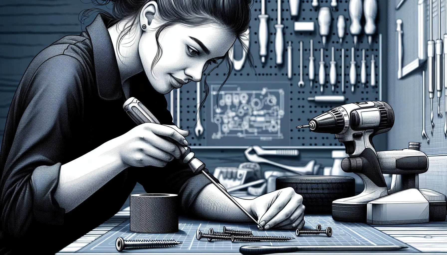 Close-up of a person using a wide rubber band under a screwdriver to remove a stripped Phillips screw head on a detailed workshop bench, highlighting crisp textures and side-lighting in a 50mm macro shot.