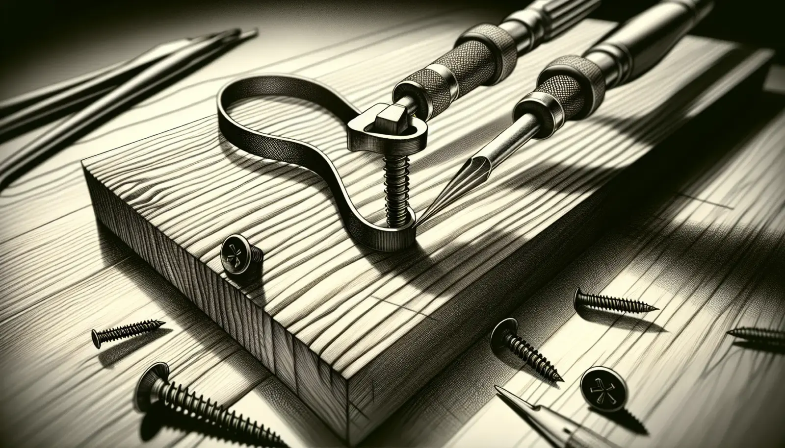 Close-up of a rubber band and screw extractor removing a stripped screw from a wooden surface, workshop lighting