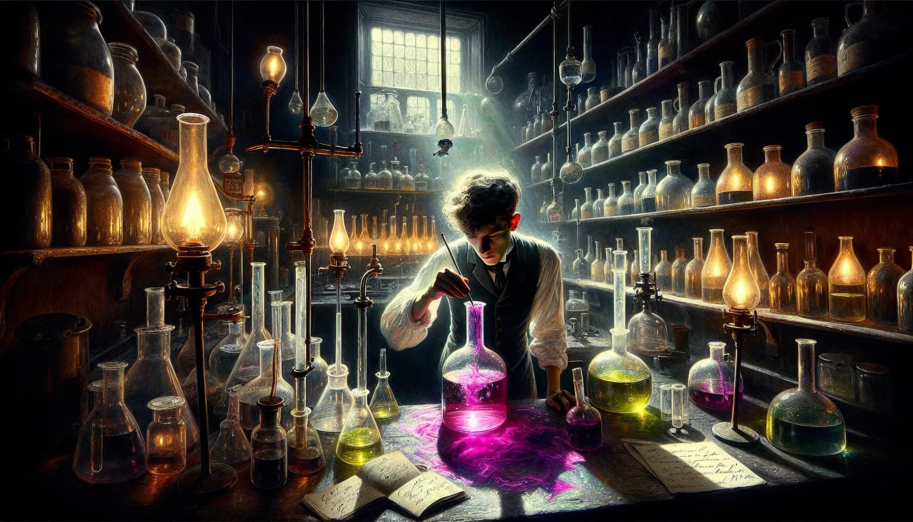 Victorian laboratory scene from 1856 with young William Henry Perkin swirling glass flasks; a toppled beaker reveals a vivid purple stain on silk, illuminated by gaslight. The room is filled with coal tar bottles and handwritten notes, depicted in dramatic chiaroscuro with high detail.