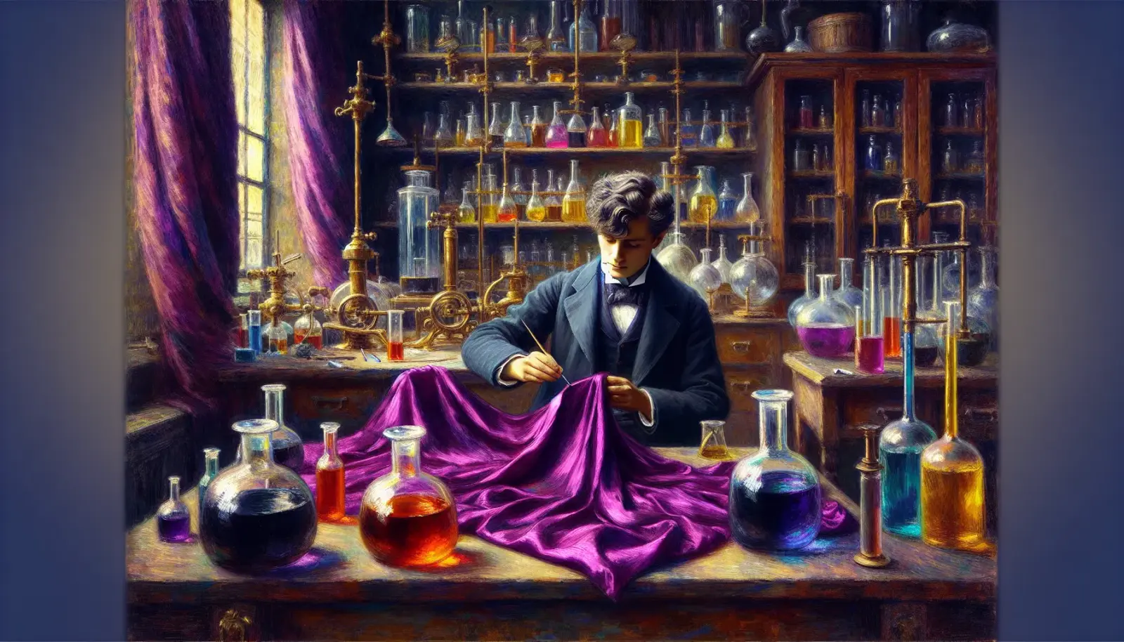 Victorian laboratory scene depicting William Henry Perkin discovering mauveine, the first synthetic dye, with vivid purple silk and coal tar glassware