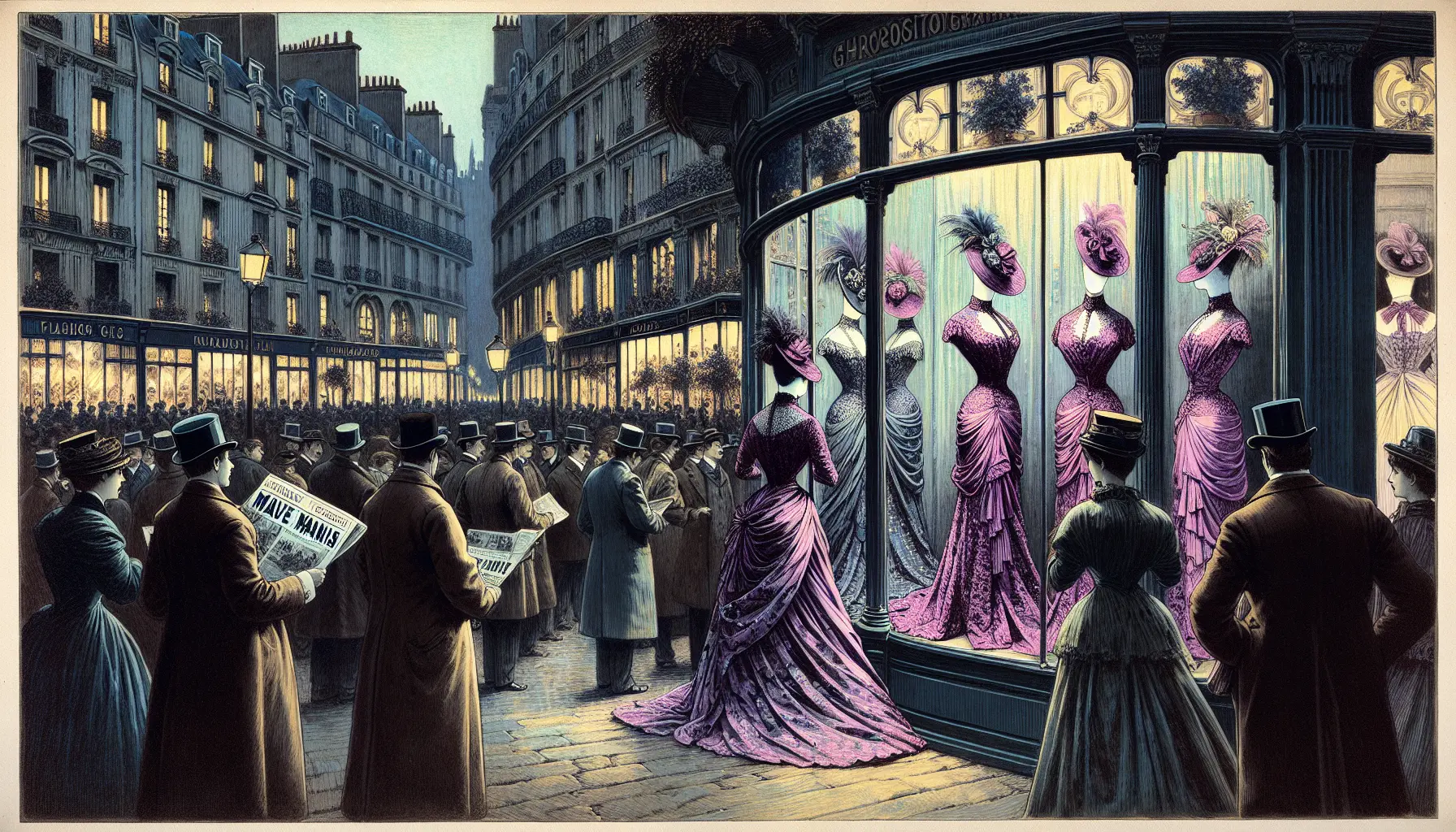 1860s fashion plate depicting Paris and London storefronts with mannequins in mauve silk gowns and ribbons, illuminated by gaslights in an evening scene. Crowds admire the display as newspapers promote the mauve mania, presented in a chromolithograph style.