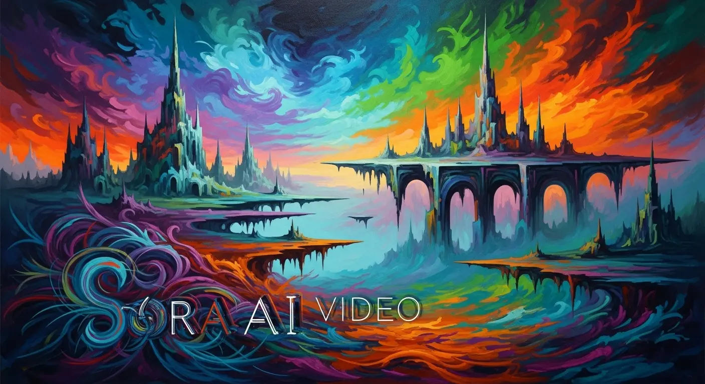 An ethereal, dreamlike landscape generated by AI, with swirling colors and impossible architecture, representing the creative potential of Sora AI video.