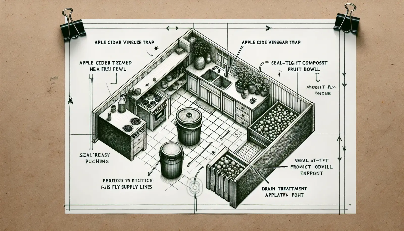 Overhead tactical map of a kitchen showing apple cider vinegar traps near a fruit bowl, sealed compost bin, and drain treatment to cut fruit fly supply lines