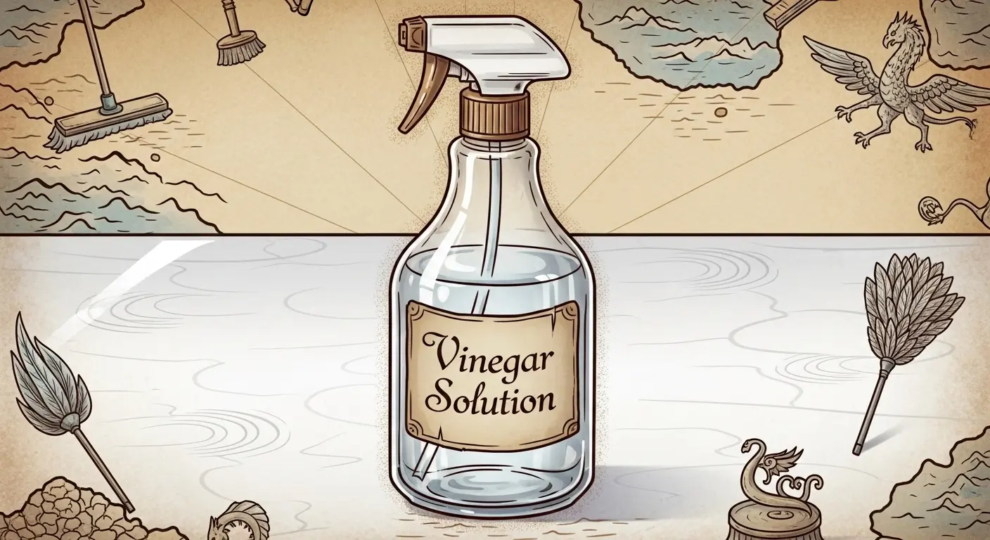 A spray bottle of homemade vinegar solution for natural cleaning rests on a sparkling clean, gleaming white kitchen countertop.