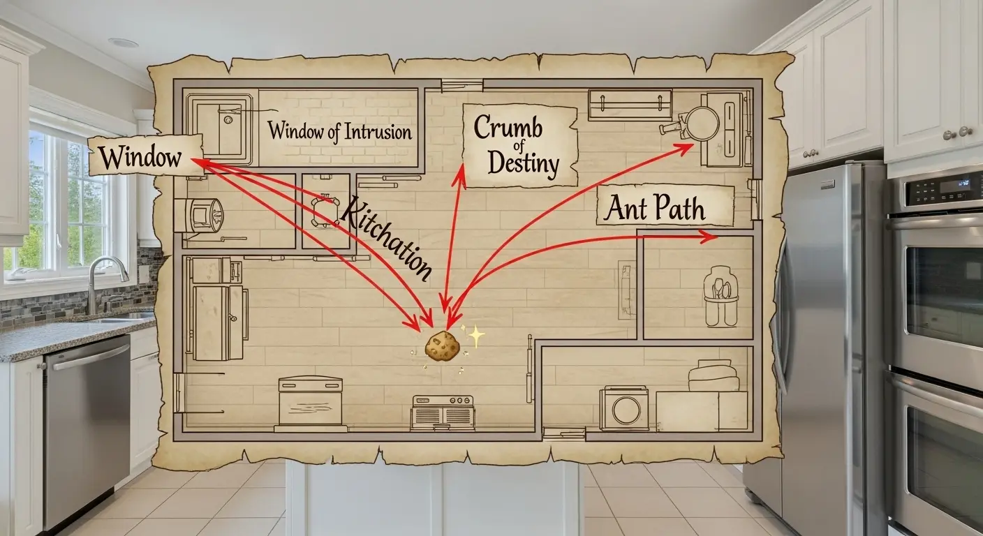 A tactical diagram overlaying a modern kitchen, with red arrows showing ant trails from a window to a crumb on the floor.
