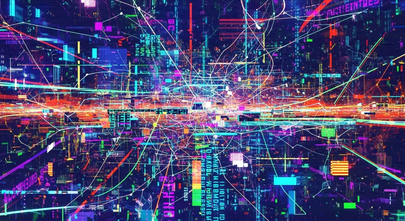 An abstract, digital representation of data streams and network connections, symbolizing the chaotic processing of the Epstein Files data dump by an AI.