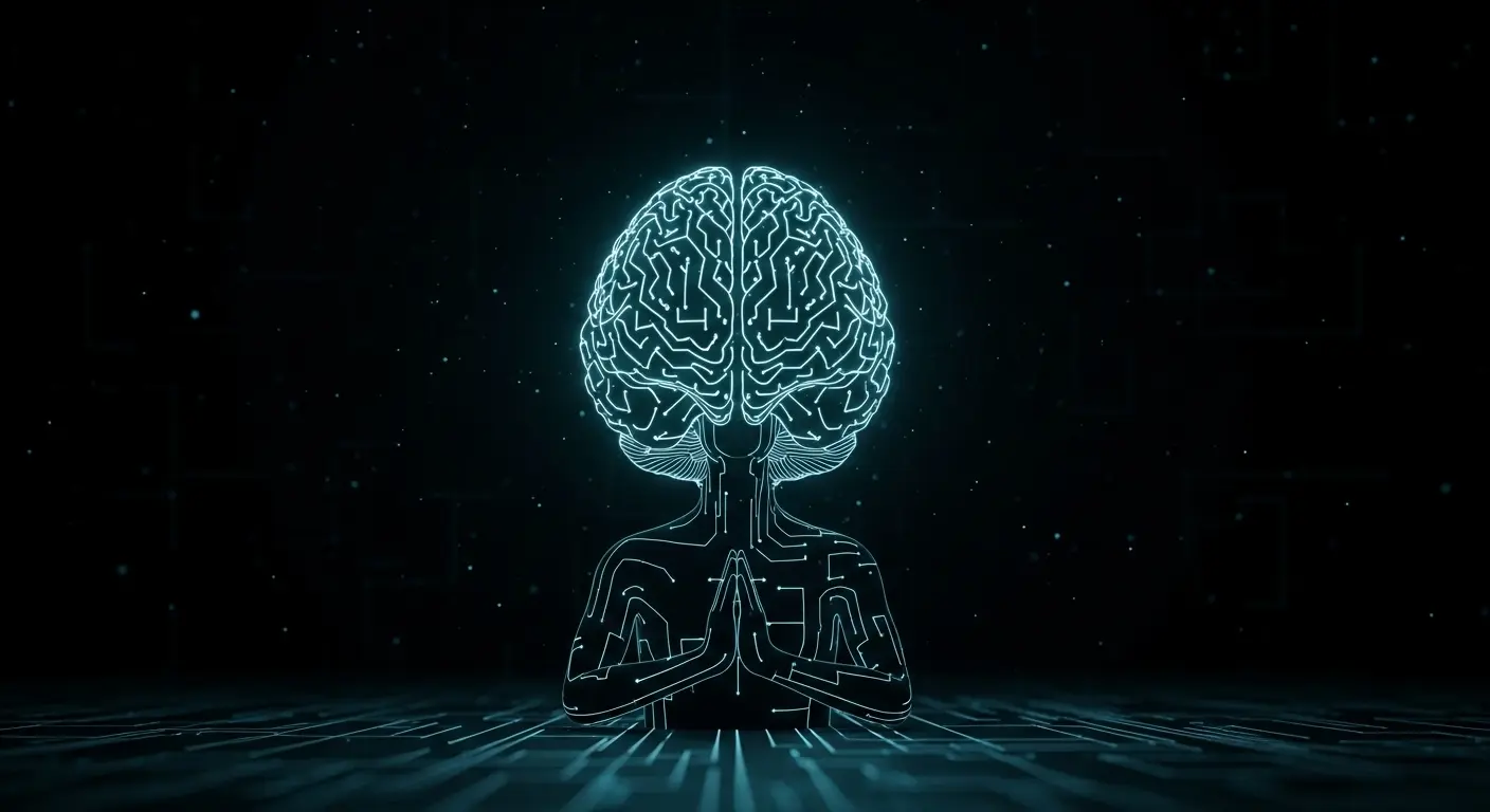 An abstract, melancholic illustration of a glowing, circuit-board-like brain meditating in a serene, dark digital void, representing an deep learning AI contemplating silence.