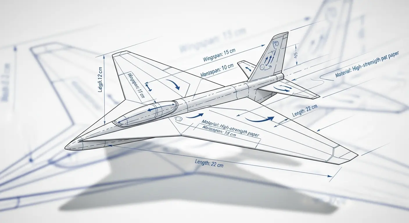 A sleek, white paper airplane with sharp creases, mid-flight against a blurred background, symbolizing advanced aerodynamic design.