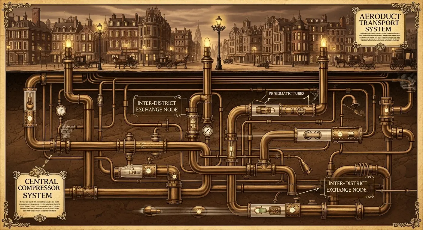 An intricate diagram showing a complex network of pneumatic tubes crisscrossing under a Victorian-era city, with capsules moving through the pipes, illustrating the lost utopian dream of air-powered transport.