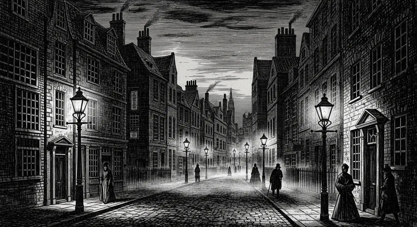 A dark, atmospheric 18th-century London street at dusk, with glowing gas lamps casting long, distorted shadows on the cobblestones, evoking a sense of mystery and unease.