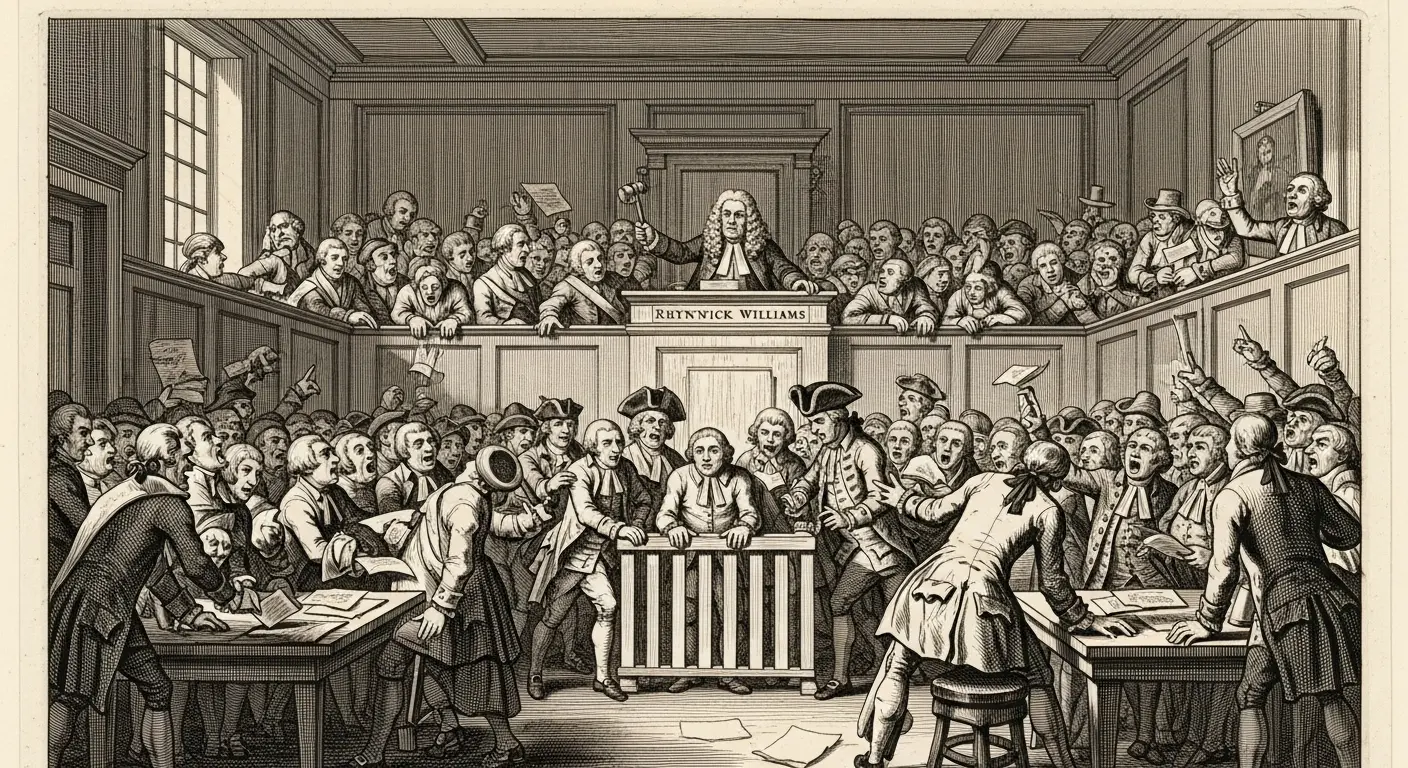 A chaotic 18th-century courtroom sketch depicting the trial of Rhynwick Williams. An agitated crowd gestures from the gallery as a severe judge presides, while Williams stands small and overwhelmed in the dock.